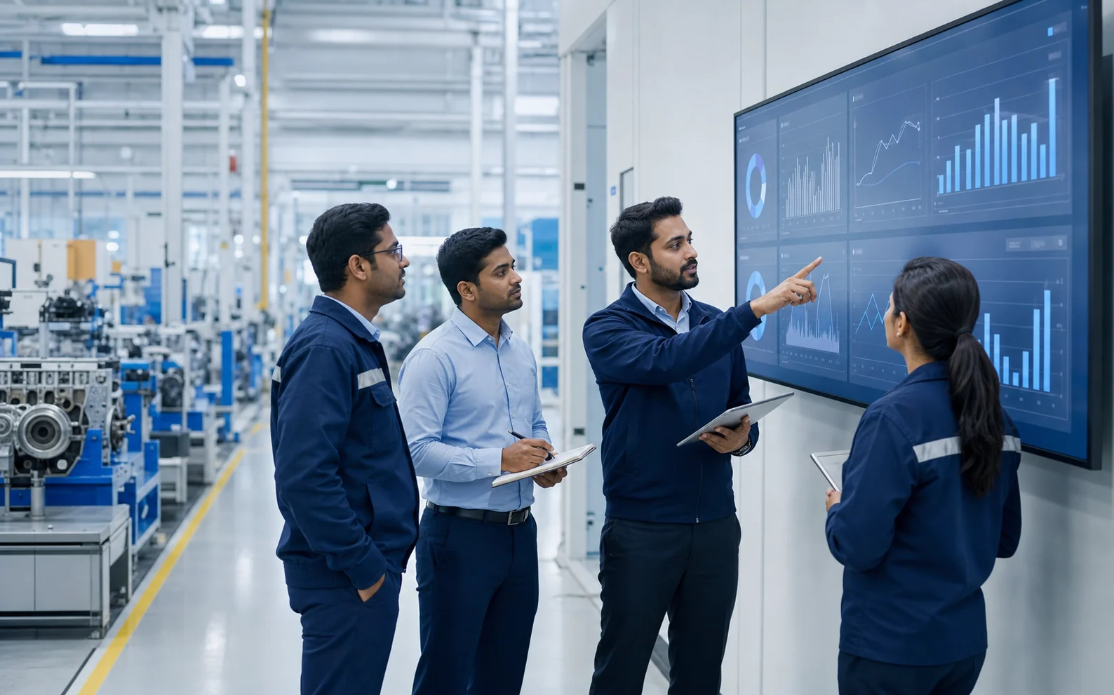 Automotive manufacturing team reviewing digital quality records